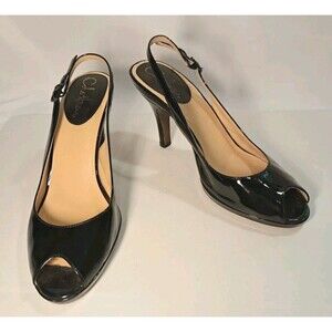 Cole Haan Black Patent Leather Peep Toe Slingback 3.5" Stiletto Heels Size 9AA